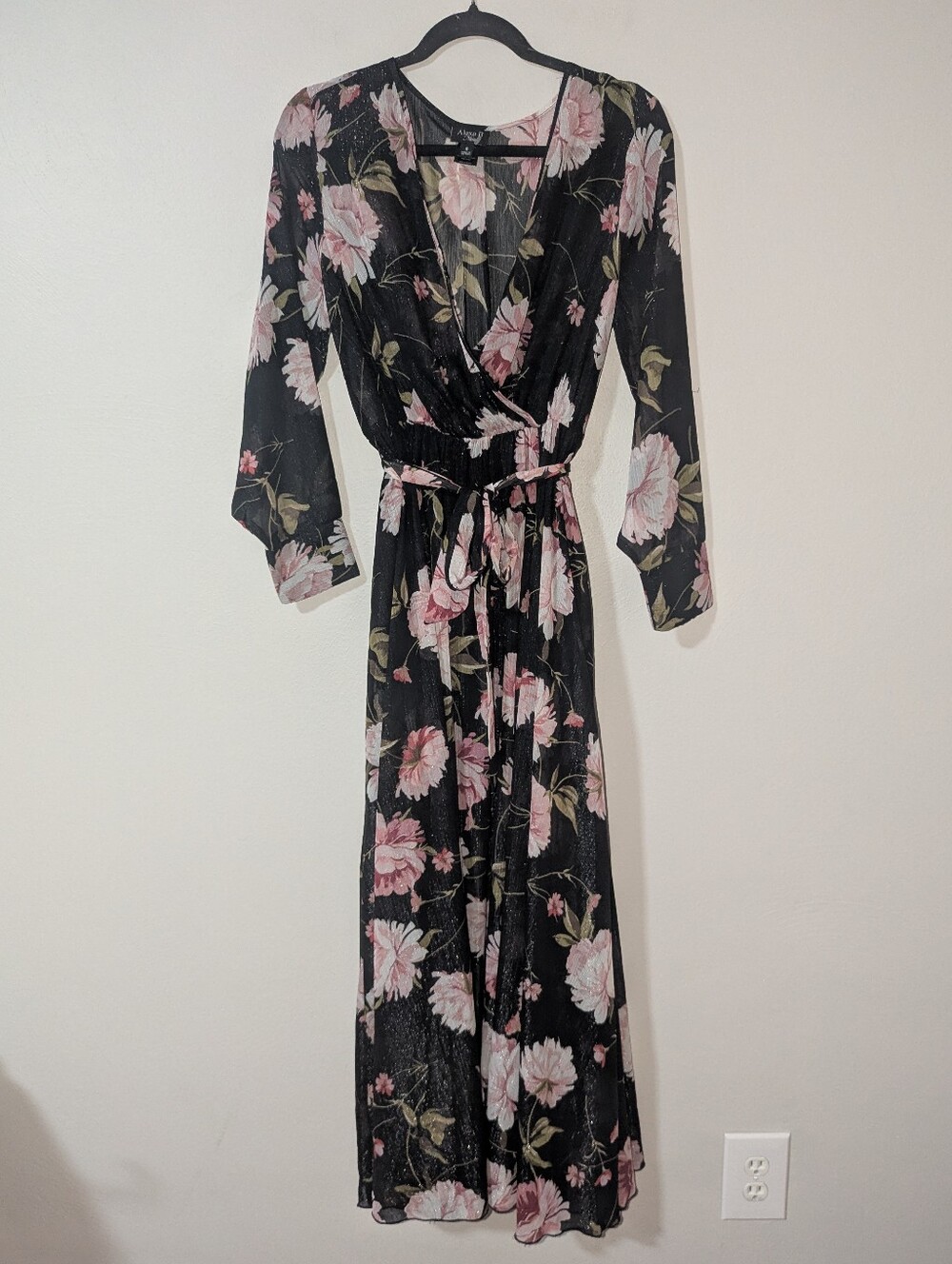 Black Floral Maxi Wrap Dress with Pink Blooms